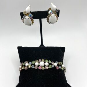 Vintage Unsigned Milk Glass Pastel Rhinestone Bracelet Clip-on Earrings Set